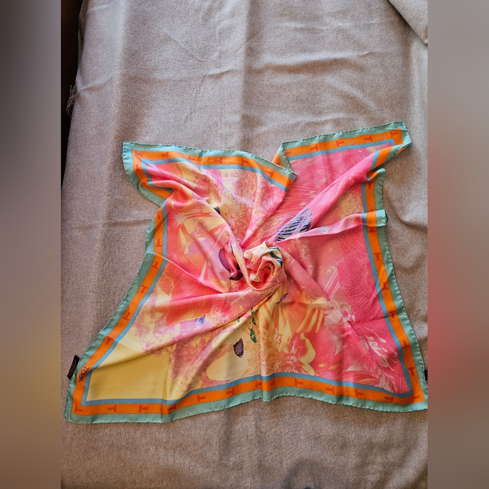 Tods silk scarf 100cm square fish and coral